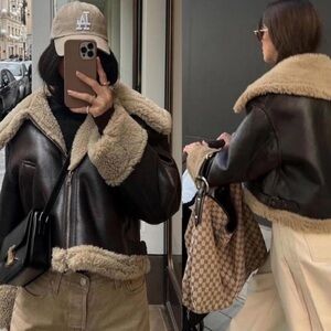 Zara Faux Shearling Fur Trim jacket in brown & ecru